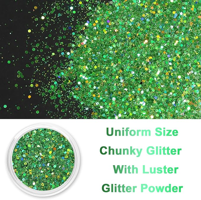 Renfio Holographic Glitter, 2.11oz/60g Medium Size Chunky Mix Ultra Fine for Crafts, St Patrick's Day, Resin, PET Flakes for Nail Art, Tumblers, Slime - Laser Green
