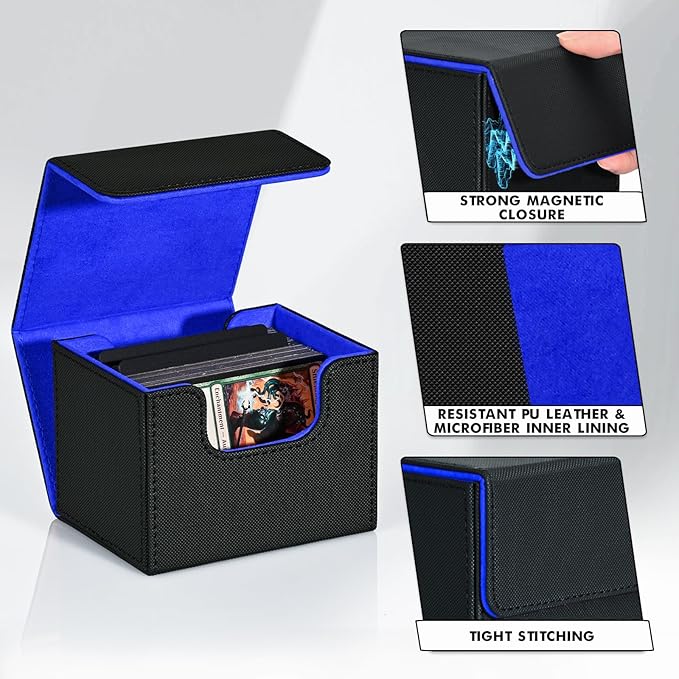 ZLCA Card Deck Box for MTG, Commander Deck Case Holds 120+ Single Sleeved Cards, Leather Magnetic Storage Box Fits for CCG TCG Sport Card (Black& Blue)