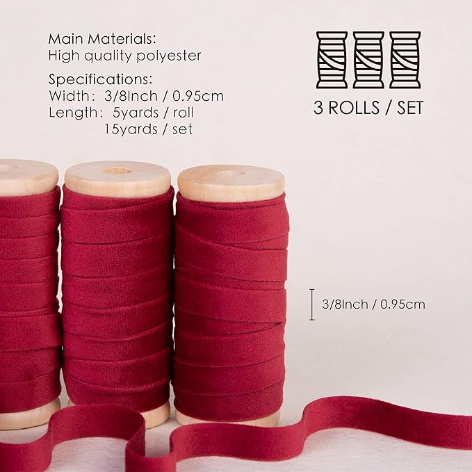 Vitalizart Red Velvet Ribbon Set 3/8" x 15 Yd Burgundy Wooden Spool Fabric Trim 3 Rolls * 5 Yd for Christmas Wreath Decoration Handmade Craft Ornaments Gift Wrapping & Bow Making