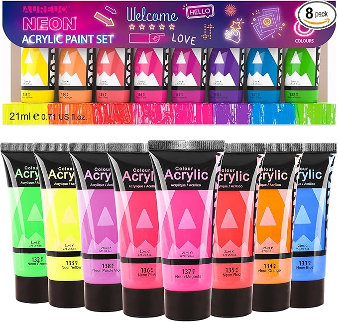 AUREUO Neon Acrylic Paint Set - 8 Fluorescent Colors 0.71 Fl Oz / 21ml Art Paint Tubes for Halloween Crafts Decor Rich Pigments Non-toxic Painting Supplies for Artists Hobby Painters Adults