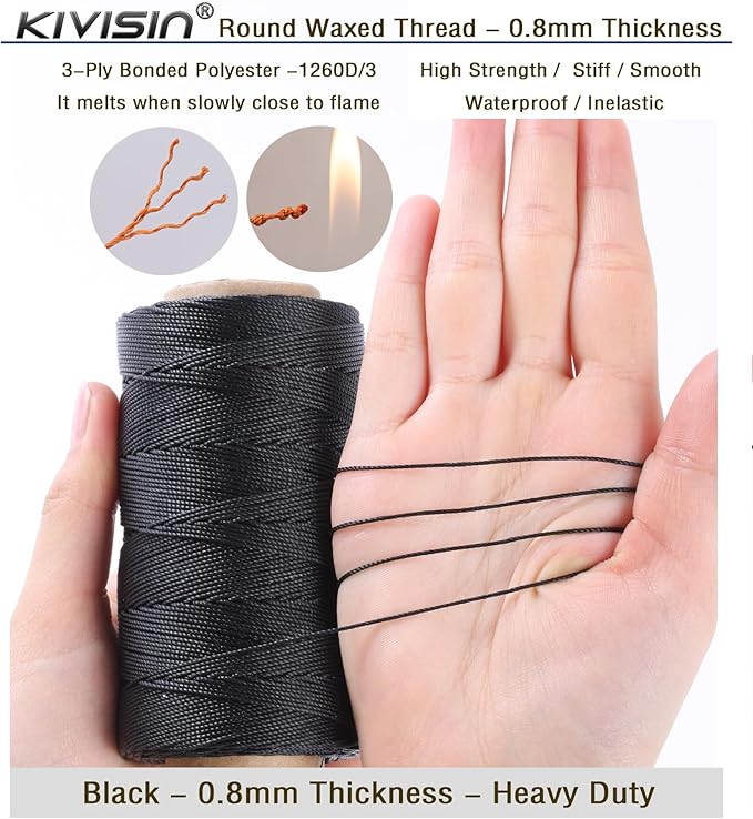 Bonded 0.8mm Round Waxed Polyester Cord, 3-ply Wax Coated Thread, 197 Yards Stiff String for Heavy Duty Fabric, Leather Sewing, Book Binding, Upholstery Repair, and Macrame Jewelry - Black