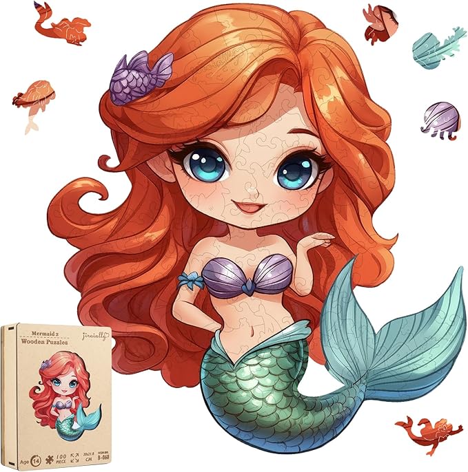 Wooden Puzzles for Adult and Kids, 100 Pieces Ocean Puzzle, Unique Shaped Mermaid Wooden Preschool Puzzle, Toddler Wooden Puzzle Toy Gift for Family and Friends, Suitable for Family Games