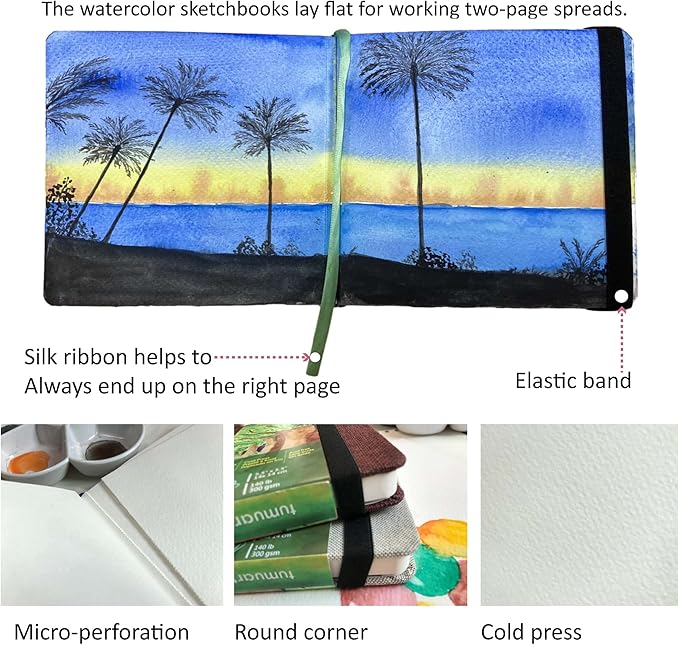 tumuarta Square Watercolor Journal, 5.5x5.5”, 140 LB, 300 GSM, Cotton Paper, Cold Press, 24 Sheets, 48 Pages, Watercolor Paper SketchBooks for Use As Mix Media Pad On The Go