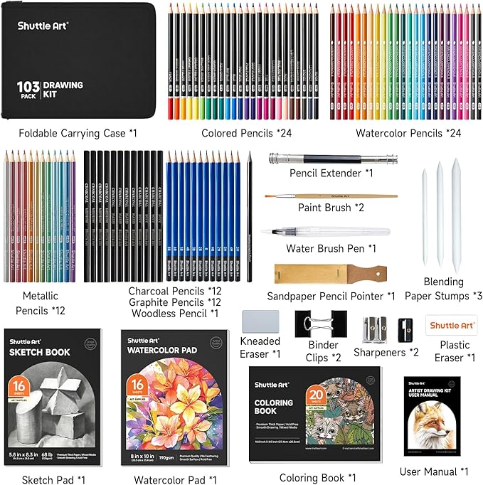 Shuttle Art 103 PCS Drawing Kit, Professional Drawing Supplies with Sketch, Charcoal, Colored, Graphite, Pastel Pencils & Sticks, Complete Drawing Tools and Paper Pads in Zipper Case for Artists&Kids
