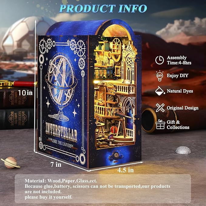 DIY Book Nook Kit Dollhouse Magic Booknook Bookshelf Insert Decor 3D Wooden Puzzle Bookend Miniature Kit with Sensor Light Creative Craft/Home Decoration for Adult (Interstellar Exploration)