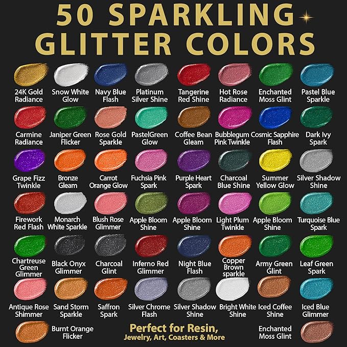 50 Color Glitter Pigment Paste for Epoxy Resin, Mica Metallic Resin Pigment Set, Epoxy Dye Paste & High Concentration Mica Powder for Epoxy Art, Jewelry, Tumblers, Coasters & Crafts