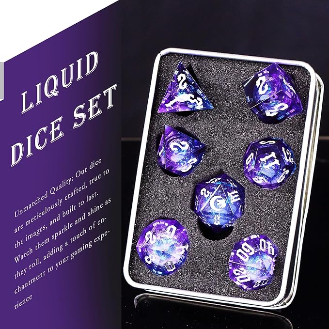 Dark Moon Liquid Core DND Dice Set for Role Playing Games, Polyhedral Dungeons and Dragons Dice Set with Gift Box, Full Liquid Core Resin Sharp Edge D&D Dice Set (InkBlueDice)