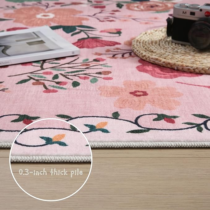 Rugcomf Bedroom Rug 3x5 Rug Washable Area Rug Non Slip Low Pile Boho Floral Small Carpet for Bedroom, Bedside, Kitchen, Entryway, Kids Room, Office, College Dorm Essentials for Girls(Pink)