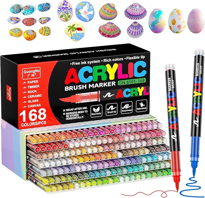DICEKOO 168 Colors Acrylic Paint Markers, Soft Brush Tip Pens with Automatic Ink Control System, Waterproof, Quick-Drying, Lightfast, for Rock Painting, Canvas, Wood, Egg & DIY Crafts Art Supplies