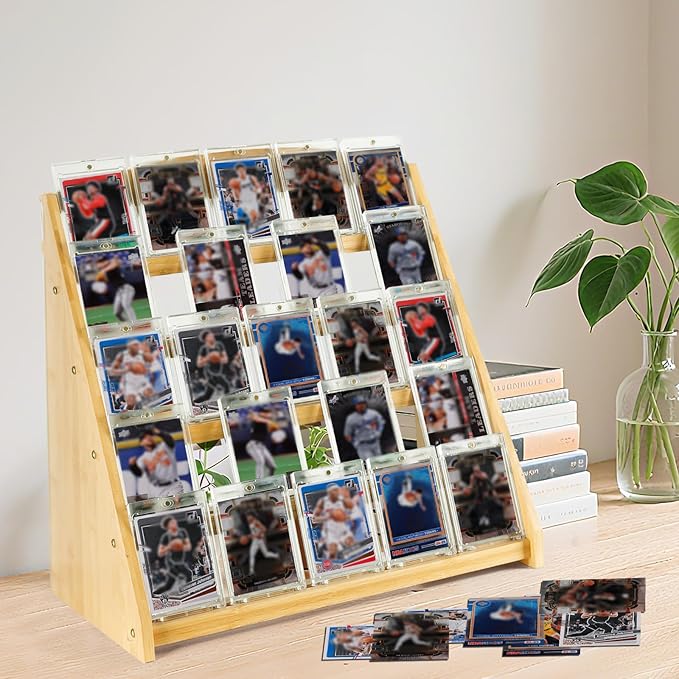 Trading Card Display Stand,5-Tier Bamboo Baseball Card Display Case, 35 pt Sports Card Display for Card Game Collection (Burlywood)
