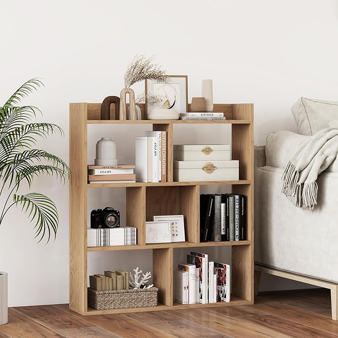 Giantex 7 Cubes Bookshelf, Free-Standing Wooden Bookcase, 4 Tier Home Display Shelf, Horizontal Storage Unit w/Anti-Toppling Devices, Open-Back Display Rack for Study, Living Room (1, Natural)