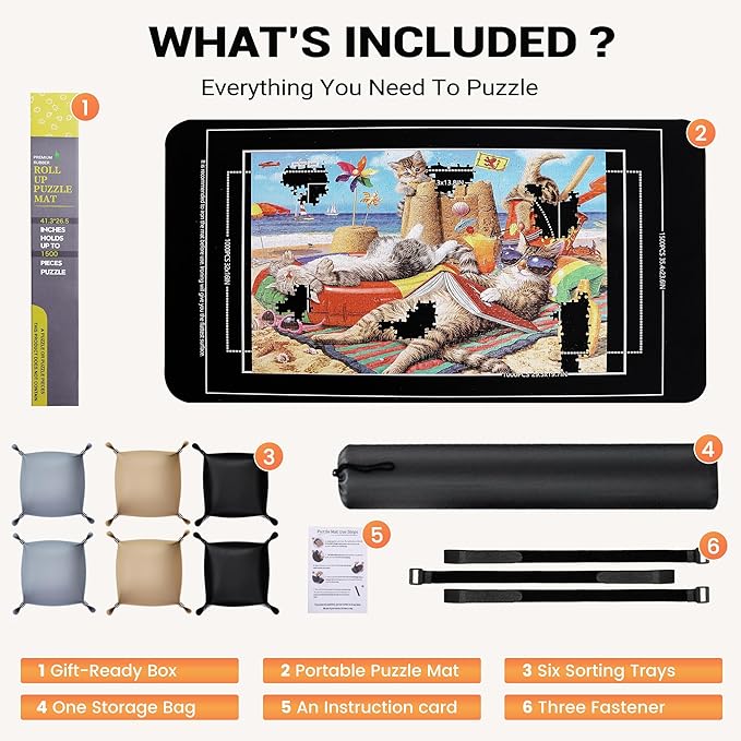 Lwoeo Jigsaw Puzzle Mat Roll Up 2000 Pieces, No Creases 48”x 31”Rubber Saver Pad, Black Large Puzzel Matte Rollup with 6 Sorting Trays & Travel Storage Bag for Sorting Table, Board, Puzzles Mats
