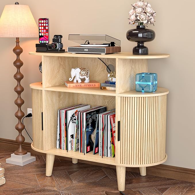 Large Round Record Player Stand with Charging Station & USB Ports，Record Storage Cabinet, Mid Century Modern Turntable Stand for Bedroom Living Room (Small Oak)