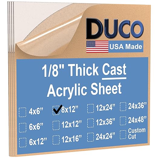 Duco USA-Made Clear Cast Acrylic Sheet 1/8 Inch Thick 8" x 12" - 4 Pack of Transparent Plexiglass Sheet - Lightweight Acrylic Board for Window Replacements, Displays, Signs, and More