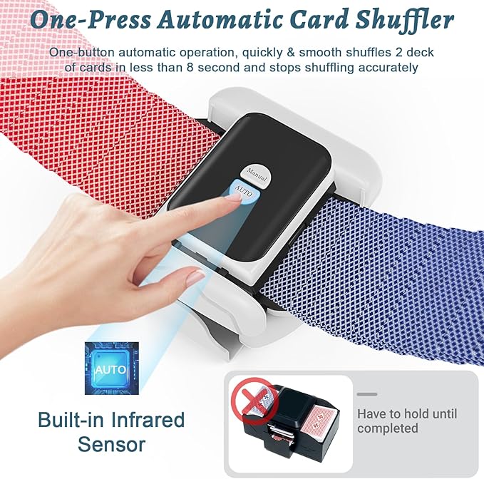 Automatic Card Shuffler 2 Deck, Rechargeable Playing Cards Shuffling Machine with One-Press AUTO&Manual Mode, Electric Poker Shufflers for UNO, Skip-Bo, Phase 10, Home Party Card Games