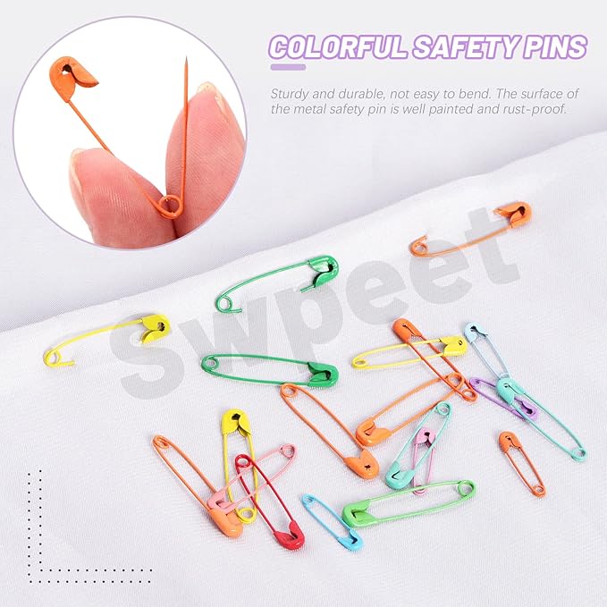 Swpeet 440Pcs 28mm/1.11 Inch Colorful Safety Pins Assortment Kit, Rust Resistant Steel Small Safety Pin Kit with Clear Case, Mini Safety Pins for Sewing, Clothes, Craft Arts