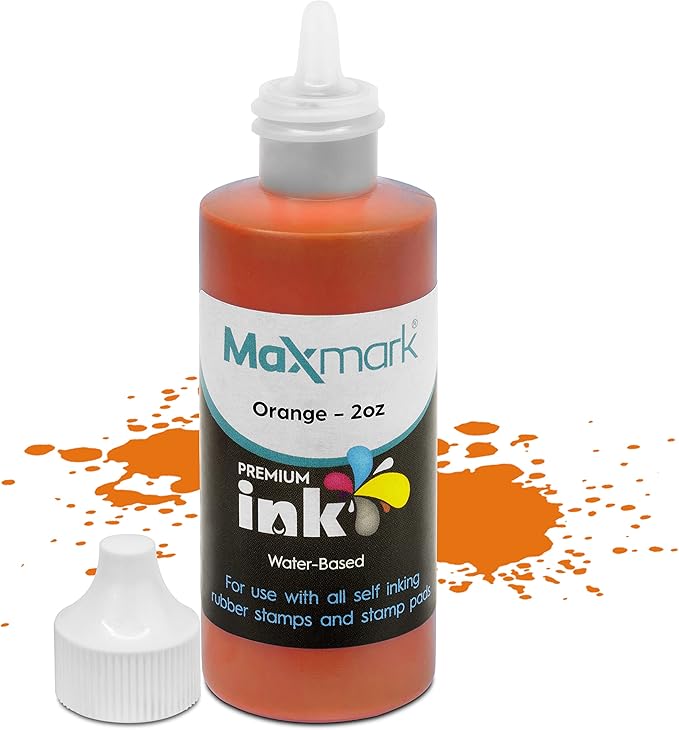 MaxMark Premium Refill Ink for self Inking Stamps and Stamp Pads, Orange Color - 2 oz.