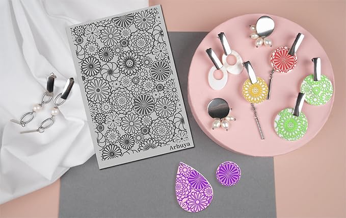 Arbuya Polymer Clay Blossom Flowers Texture Sheets for Earrings Jewelry Making, Clay Dahlia Floral Texture Mats for Polymer Clay Projects Floral Stamps for Clay Earrings Tools