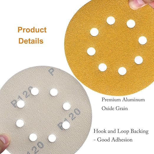 5-Inch 8-Hole Hook and Loop Sanding Discs, 60/80/120/150/220/320/400 Assorted Grits Gold Sanding Disc for Random Orbital Sander, 105-Pack