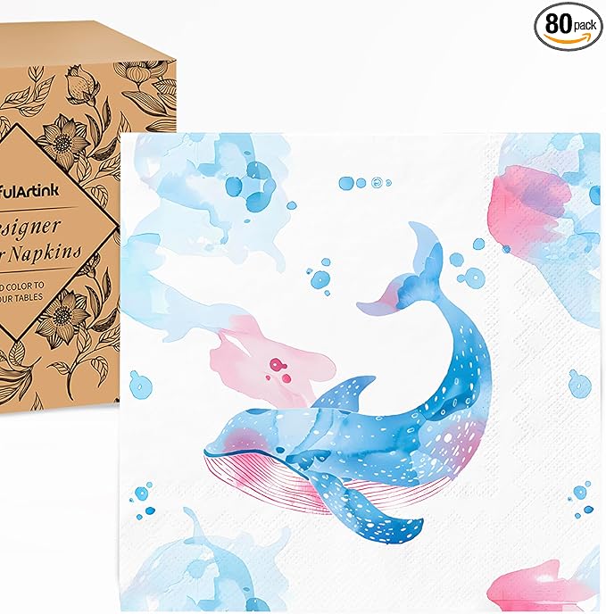 80 pcs Premium Designer Cocktail Beverage Napkins, 3-Ply 5 x 5-inches Disposable Napkin, Aqua Amore Dreams of Whale
