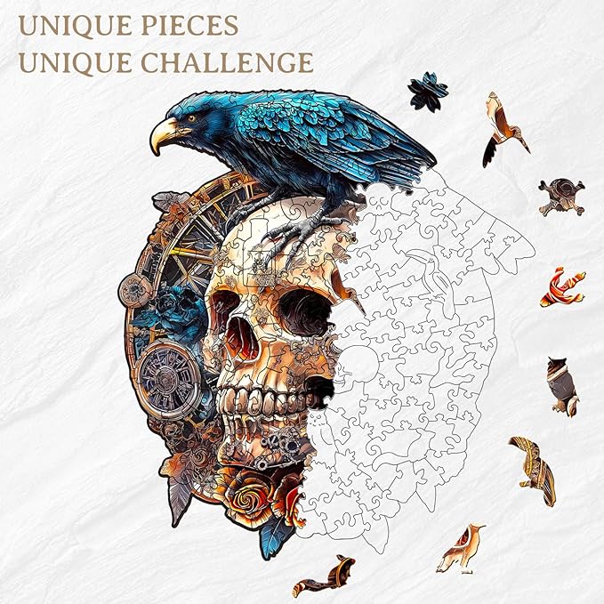 KAAYEE Wooden Puzzles for Adults, 3D Visual Effect Raven & Mechanical Skull Wooden Jigsaw Puzzle Unique Shape Wood Puzzle Adult, 3D Effect Flat Puzzle Birthday Family Games (S-8.5 * 7.5in-95pcs)