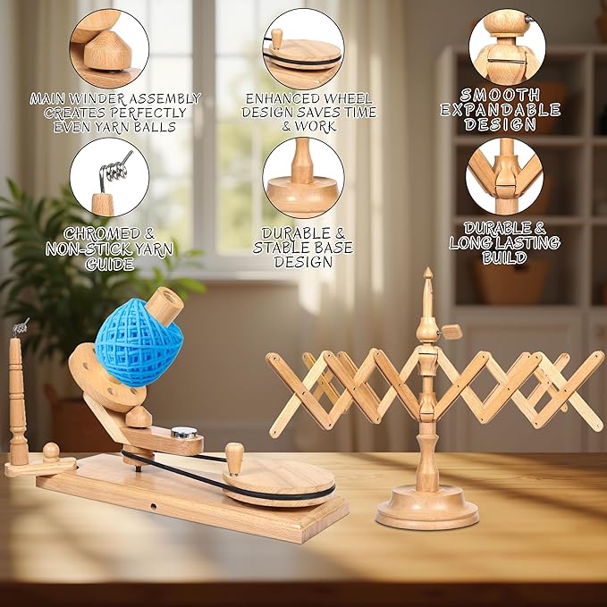 Wooden Yarn Ball Winder & Table Top Swift Set, Hand Operated Beechwood Combo Winder, Large Capacity 8 to 10 oz Yarn Fiber Winder, Wool String Swift Winder (Beechwood Winder & Swift)