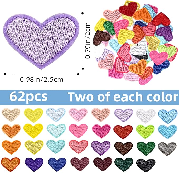 62 Pcs Colorful Embroidered Iron on Heart Patches Hearts Iron on Patches Mini Tiny Fabric Heart Sew on Patch,Hearts Embroidered Patch for Clothes Dress Pant Hats Backpack