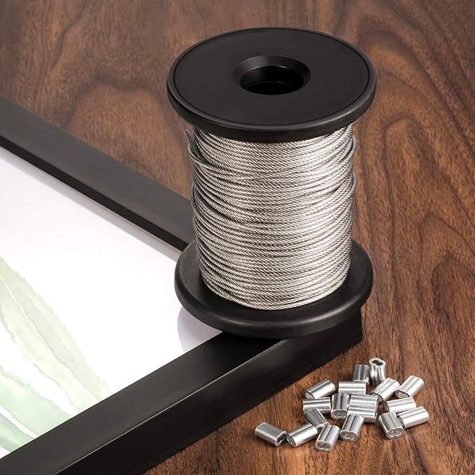 Chengu Vinyl Coated Picture Frame Hanging Wire, Stainless Steel Wire Spool with 20 Pieces Aluminum Crimping Loop Sleeve, Supports up to 110 Lbs (1.5 mm x 98 Feet)