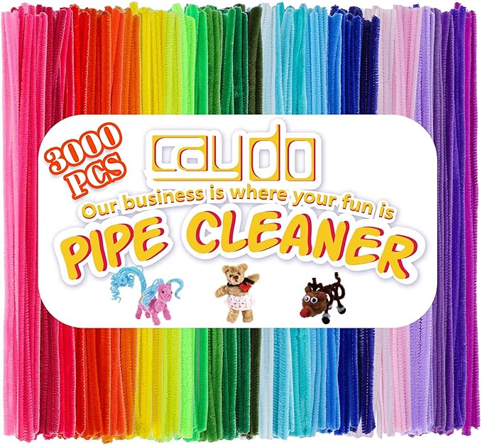 Caydo 3000 Pieces Pipe Cleaners 40 Assorted Colored Chenille Stems with 100 Pieces Wiggle Eyes for Art and Crafts, Children’s Craft Supplies (6 mm x 12 inch)