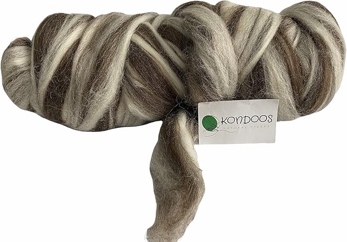 Kondoos Natural Wool roving, 8 OZ. Best for Needle Felting, handcrafts and Spinning. Natural Colours, un-Dyed. (Brown Zebra(Ecru/Mocha), 8 oz)