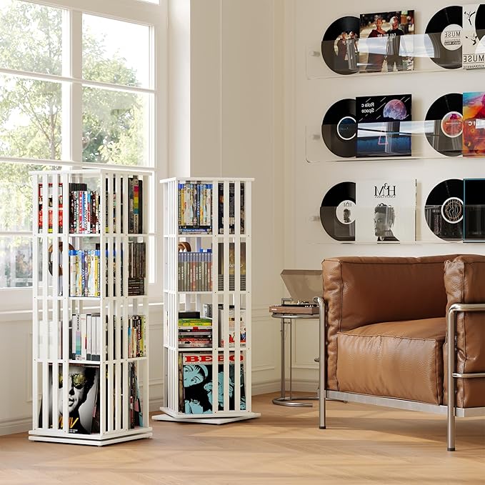 XIMN 360° Rotating Bamboo CD/DVD Shelf - 6-Tier Space-Saving Media Storage Cabinet for Movies, Organizer with Super Compact Design (White, 4 Tier)
