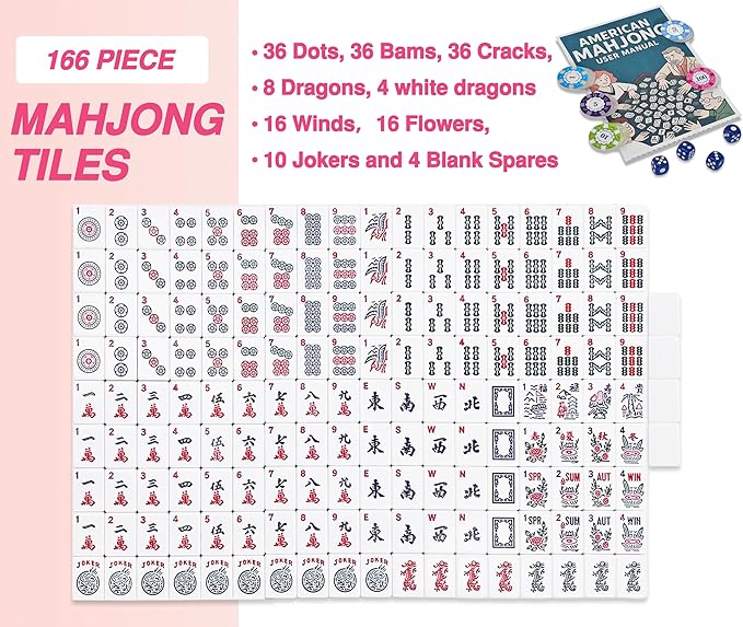 American Mahjong Tile Set – Complete 166 Tiles with Deluxe Accessories, 4 Racks, 100 Colorful Chips, Instruction Book & 1+3 Mahjong-Themed Storage Bags, Portable Mahjong Set for Family Fun & Holidays