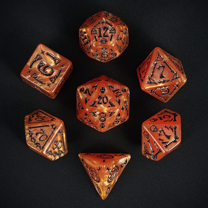 7-Die DND Dice Set Halloween Pattern Polyhedral Die Set with Leather Bag, Skull Dice D&D Die for RPG Table Games (Halloween Pattern-Orange/Black Number)