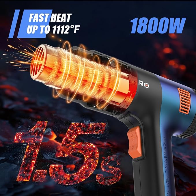 Heat Gun for crafting 1800W, 122℉~1202℉ Variable Temperature Control with 2-Temp Settings 4 Nozzles, 1.5s Fast Heating Blue Heat Gun for Resin, Shrink PVC Tubing/Wrapping/Crafts and Vinyl Wrap