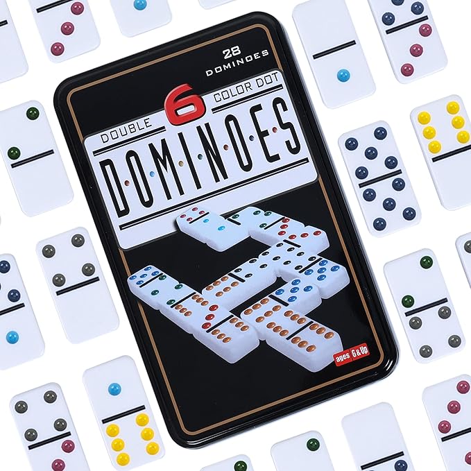 GOTHINK Double 6 Dominos Set for Adults with Tin Box Storage - 28 Tile Colorful Dot Dominoes Games Set for Family Night Gift Travel Game - Classic Party Board Game Ideal for 2-4 Players