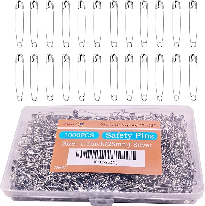 Safety Pins, 1000PCS-1.1Inch Small Safety Pins, Rust-Resistant Nickel Plated Steel, Sharp Edge Safety Pin for Clothes, Sewing, Arts & Craft, 28mm Decorative Safety Pins (Silver), UR-28