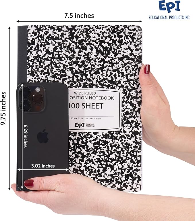 EPI Marble Hardcover Wide Ruled Composition Notebook | 200 Pages (100 Sheets), 9.75 x 7.5 in, Sturdy Sewn Binding | School, Office, Journaling, Notes - 3 Pack