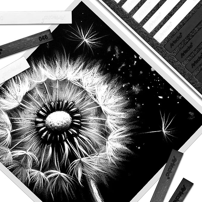 Artecho 12pcs Soft Pastels, 6 White and 6 Black Soft Pastels, Square Chalk for Drawing, Blending, Layering, Shading