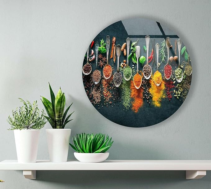 My Photostation.com 39,4''(100cm) Diameter Colorful Herbs Round Glass Wall Art Tempered Glass Printing Wall Decor Large Wall Art Wall Hangings