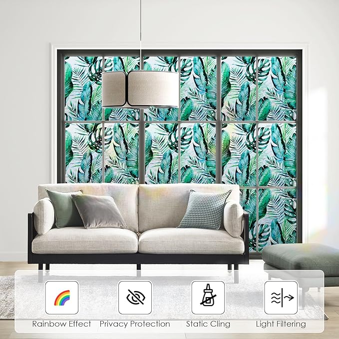 DKTIE Nature Pattern Rainbow Window Film Decorative Stained Glass Window Film Static Cling Films Easy Apply Removable Comes with Tools (U560-rainbow, 35.4" x 78.7")
