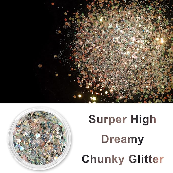 Renfio Opal Chunky Glitter - 1.75oz/50g Black Holographic Iridescent Glitters for Resin Nails Art, Hair, DIY Crafts & Snow