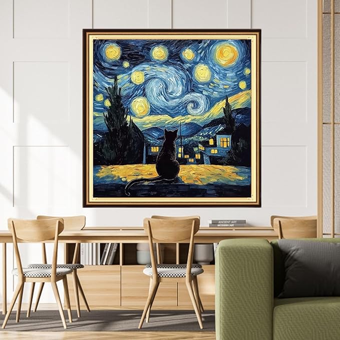 Dimensean Stamped Cross Stitch Kits Full Range of Embroidery Patterns Starter Kits for Beginners Adult or Kids DIY Cross Stitches Needlepoint Kits 11CT-Van Gogh Starry Cat 18x18 inch