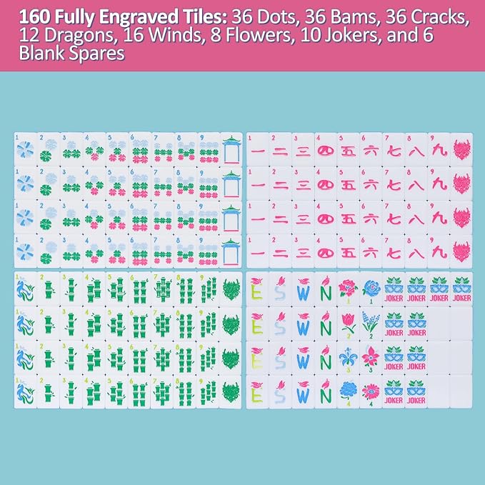 American Mahjong Tile Set(Pink) with Carrying Bag and Accessories, 160 Acrylic Engraved Mahjong Tiles