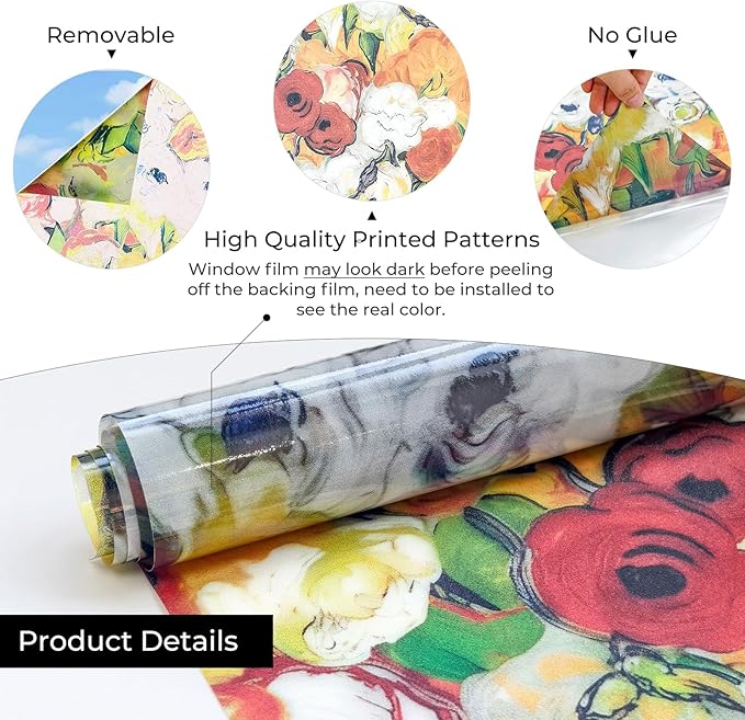 Window Privacy Film, Frosted Glass Decorative Static Cling, Removable Sun Blocking Vinyl Covering, Window Film for Home Kitchen Living Room Bathroom, Oil Painting Flowers, 17.5" x 78.7 "