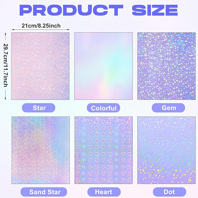 Clabby 36 Sheets Holographic Sticker Paper A4 Vinyl Sticker Paper Self Adhesive Waterproof Transparent Film, 11.7 x 8.3 inches(Gem, Dot, Colorful, Star, Heart, Sand Star)