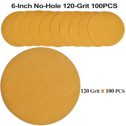 6-Inch No-Hole Hook and Loop Sanding Discs 120-Grit, Random Orbital Sandpaper for Automotive and Woodworking, 100-Pack