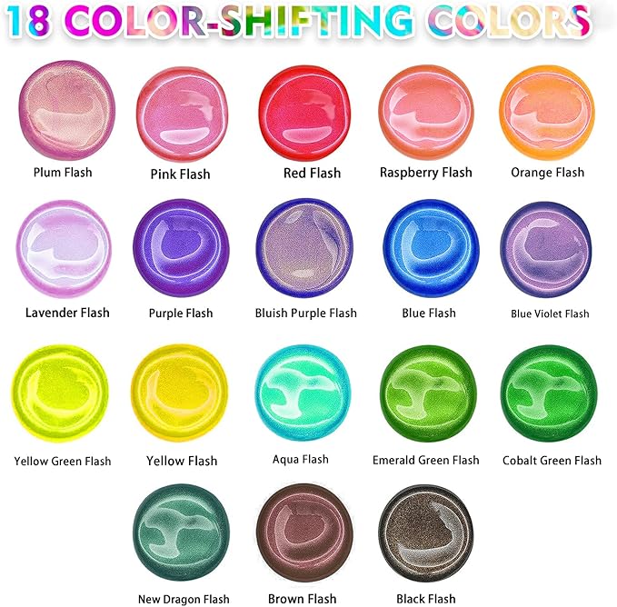 ABEIER Iridescent Acrylic Paint, Set of 18 Chameleon Colors, 2 oz/60ml Bottles, Color-shifting, Non-Toxic, High Viscosity, Blendable, Paints on Rocks Crafts Canvas Wood, Fabric, Ceramic & Stone