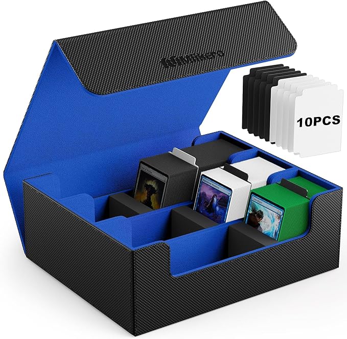 Mlikero Card Deck Case, 1800+ Trading Card Storage Box with 10 Dividers and 3 Foam Stoppers, Leather Magnetic Closure Commander Deck Box Fit for YuGiOh, MTG and Sport Cards(Black&Blue)