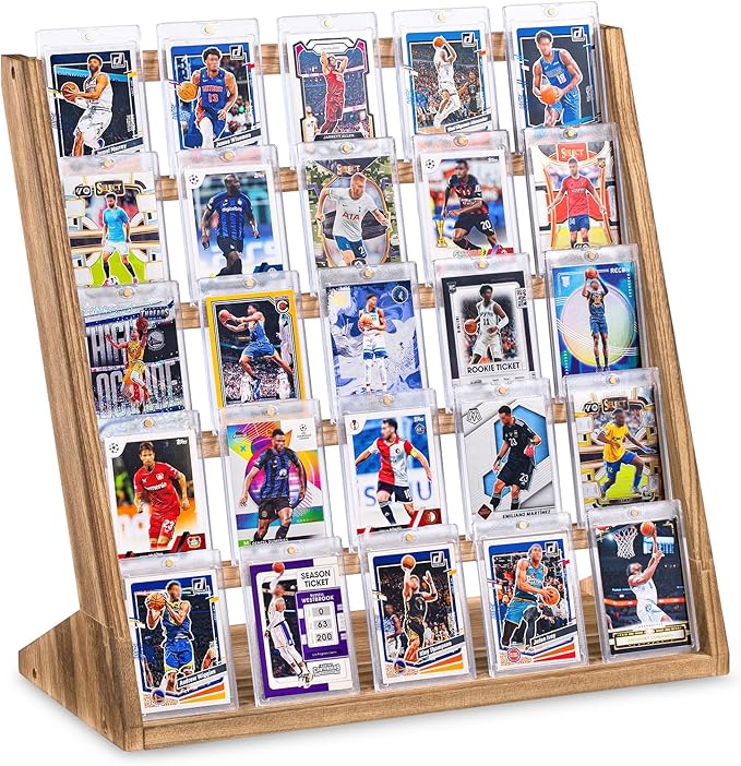 Emfogo Trading Card Display Stand, 5 Tier Sports Graded Card Display, Wooden Trading Card Display Stand for Soprts Card Collection & Show, Brown