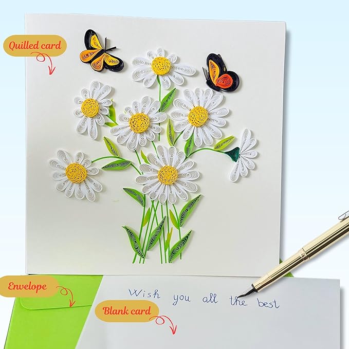 Quilling Cards, handmade card, quilled cards with Dedicated Paper Handmade Art for all occasions: Mother's day, Father's day, Birthday... daisy bouquet (With butterflies)